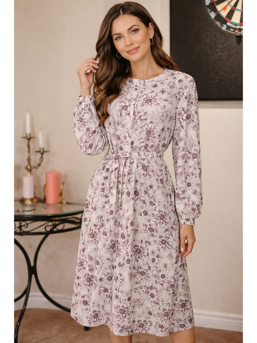 Women's Floral Tie-Waist Midi Dress in Dusty Lavender
